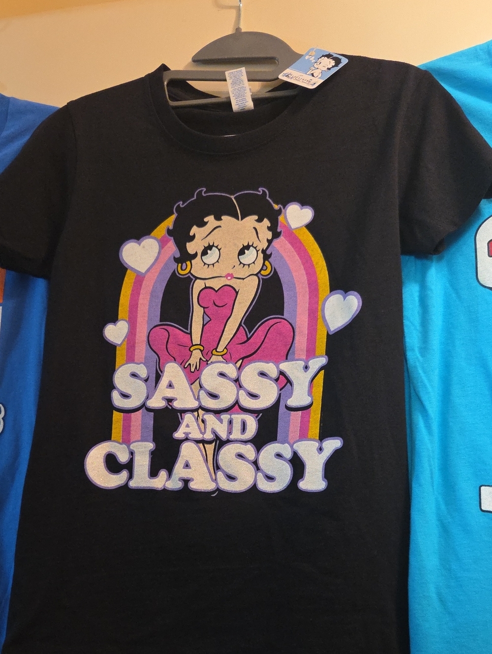 Betty Boop Black Tee with Pink Graphic and Rainbow Accents